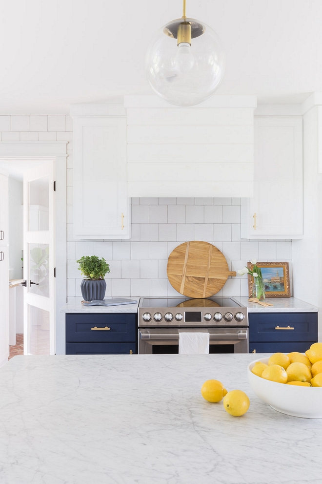 Shiplap Hood Two-toned kitchen with shiplap hood, shaker cabinets and classic square subway tile 2540 Love ©AlyssaRosenheck #ShiplapHood #Twotonedkitchen #shiplap #hood #shakercabinets #squaresubwaytile