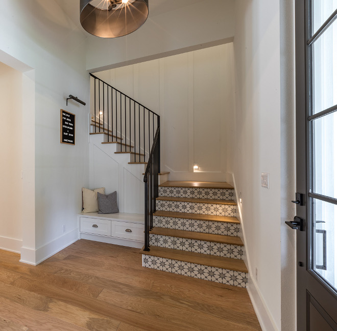 Foyer Built-in Bench Foyer Built-in Bench The front door opens to a very inspiring foyer with built-in bench and a staircase with cement tile on risers Foyer Built-in Bench #Foyer #BuiltinBench #foyerbench #bench