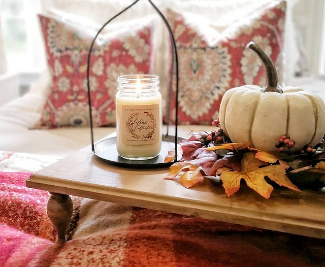 Handmade candles As you can see the candle pillars are keeping the leaves from falling off. Fall blankets and lots of baskets create a warm cozy fall feeling