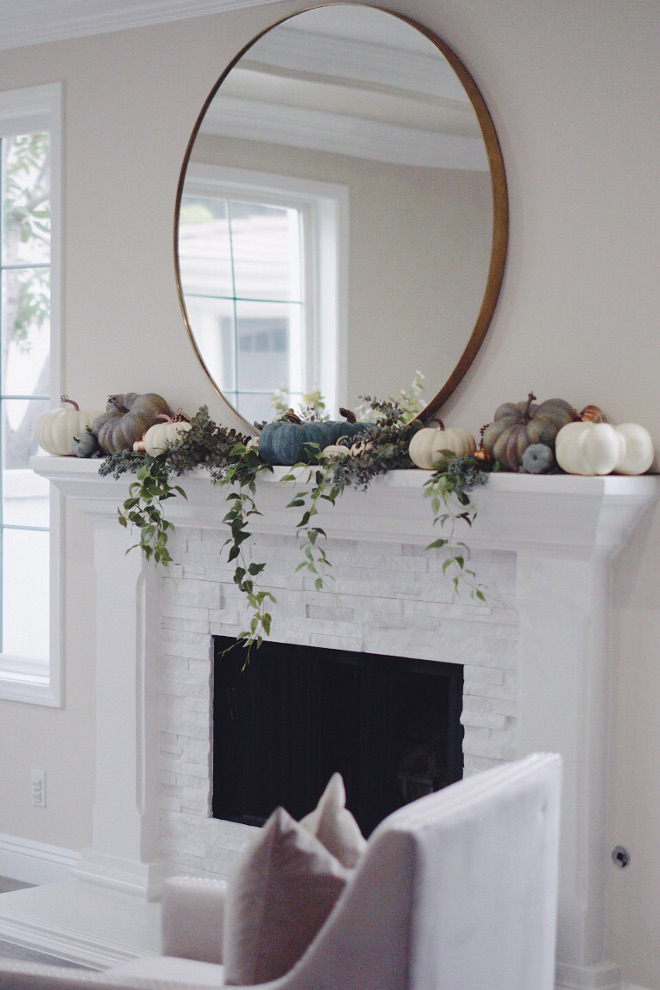 Painted white brick fireplace Fall decor ideas Neutral Fall Mantel Decor 