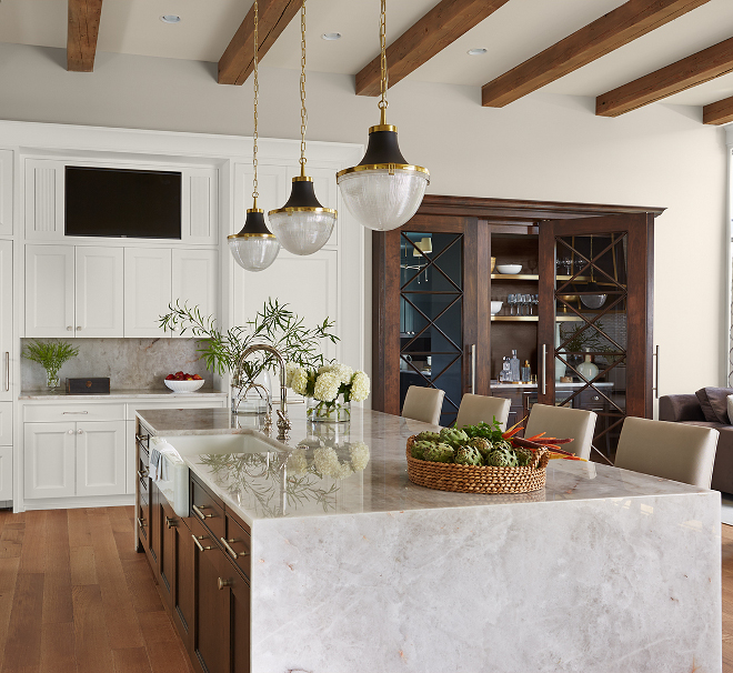 Quartzite Waterfall Kitchen Island Countertop Cristiallo Quartzite, waterfall edge island Kicthen #Kitchen #Quartzite #WaterfallKitchenIsland #Countertop #CristialloQuartzite #waterfalledgeisland