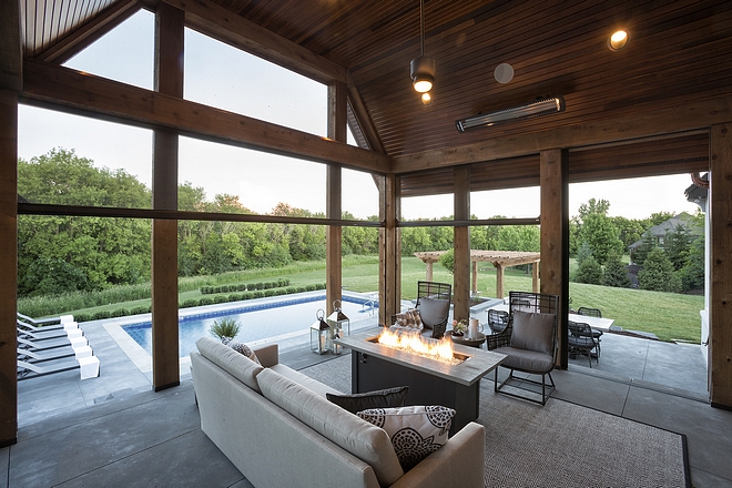 Screen porch Ceiling is Cedar planks and flooring is stamped concrete #Screenporch #Ceiling #Cedarplank