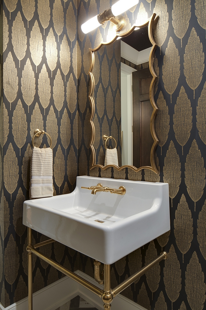 Golden metallic wallpaper Bathroom Powder room with Golden metallic wallpaper #Goldenmetallicwallpaper #wallpaper