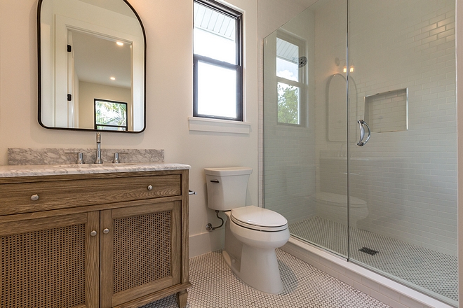 Bathroom Elm Cabinet Elm Cabinetry Bathroom with elm vanity and white quartzite countertop #elmCabinet #bathroom