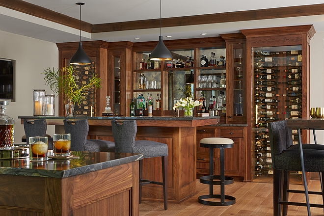 Basement bar Cabinetry is Walnut; Dark Custom Stained #basementbar #walnutbar