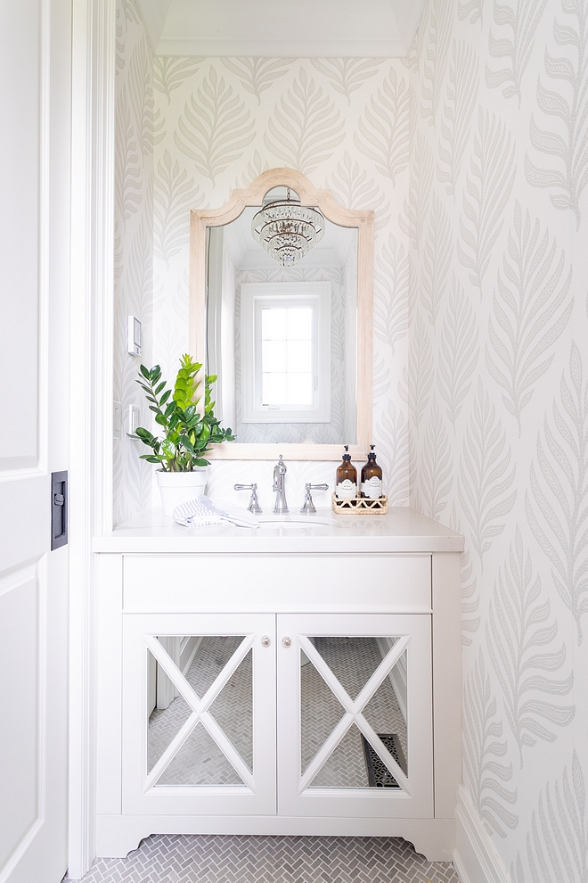 Mirrored Bathroom Cabinet I designed this custom mirrored vanity and paired it with a durable quartz counter Powder Room Mirrored Bathroom Cabinet with x inset mirrored doors #Mirroredcabinet #BathroomCabinet