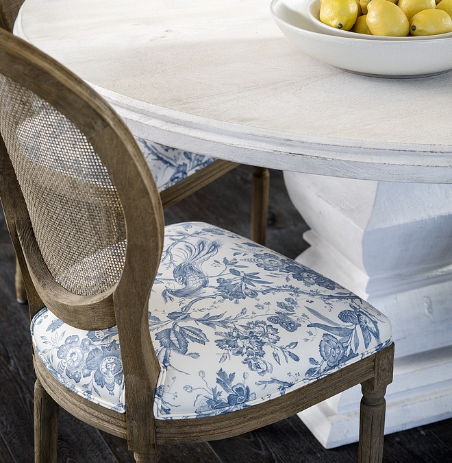 Dining Chair The dining chairs are from Restoration Hardware and the designer reupholstered them in a blue and white Schumacher fabric #diningchair