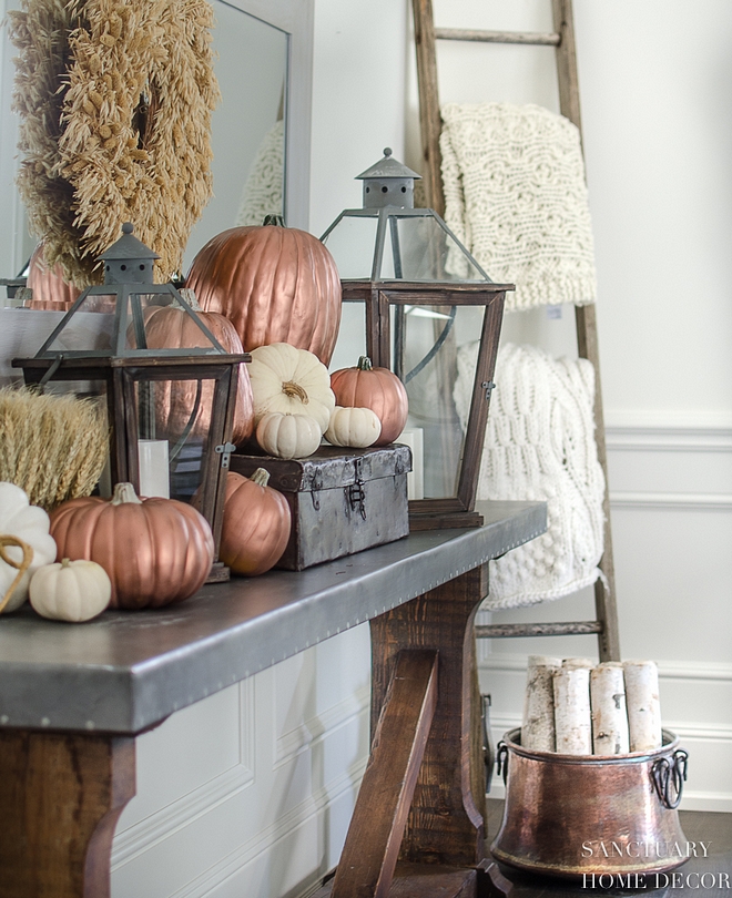 Fall Metallic Sprayed Pumkins Foyer Copper inspired Fall Metallic Sprayed Pumkins #Fall #MetallicSprayedPumkins #MetallicPumkins #SprayedPumkins