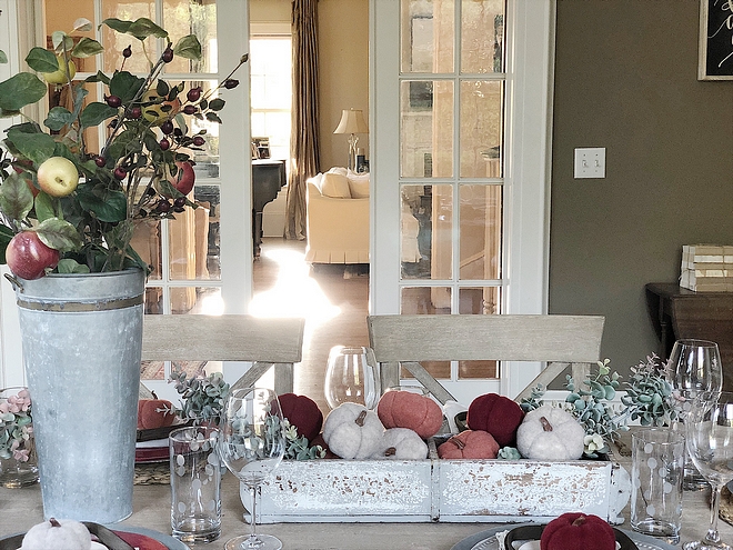 Fall Tablescape with faux pumpkins and apples