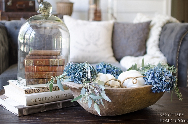 White Pumpkins and Blue Hydrangeas Antique Dough bowl coffee table decor