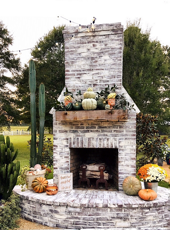 Whitewashed Brick Fireplace Outdoor Whitewashed Brick Fireplace Whitewashed Brick Fireplace #WhitewashedBrick #WhitewashedBrickFireplace