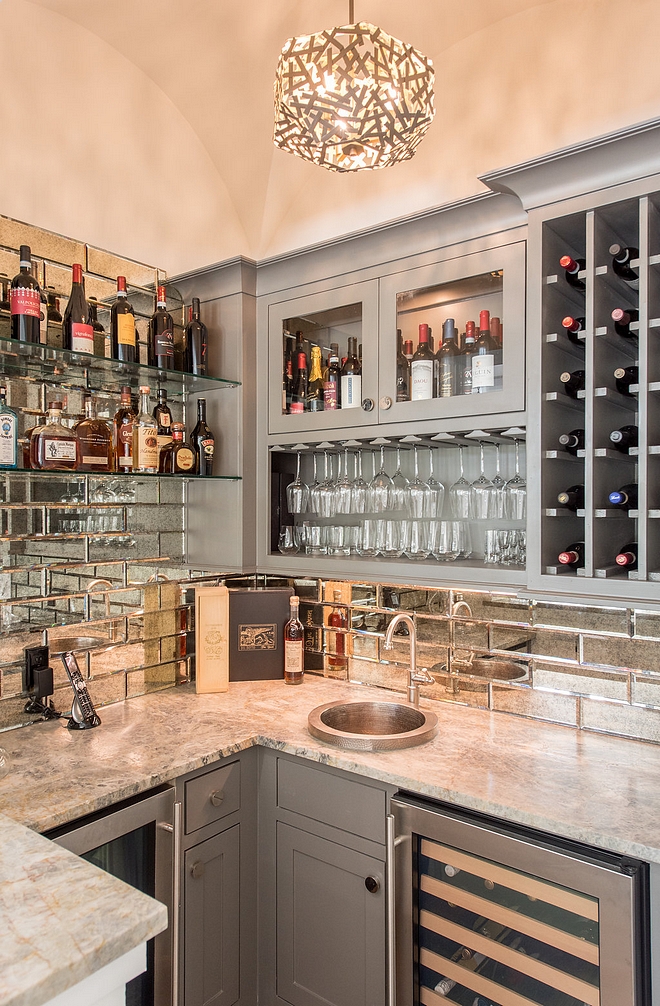 Cielo Leathered Quartzite Countertop Grey bar cabinet painted in Grey Cabinet Sherwin Williams Gauntlet Gray with Cielo Leathered Quartzite countertop #CieloLeathered #Quartzite