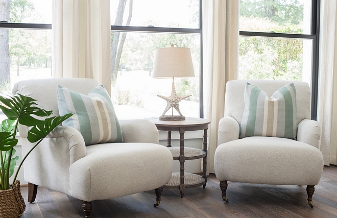 Bedroom sitting area with a pair of English Roll Arm chairs and 3 Tier Round Side Table With Cane Shelves side table #sittingarea EnglishRollArmchairs