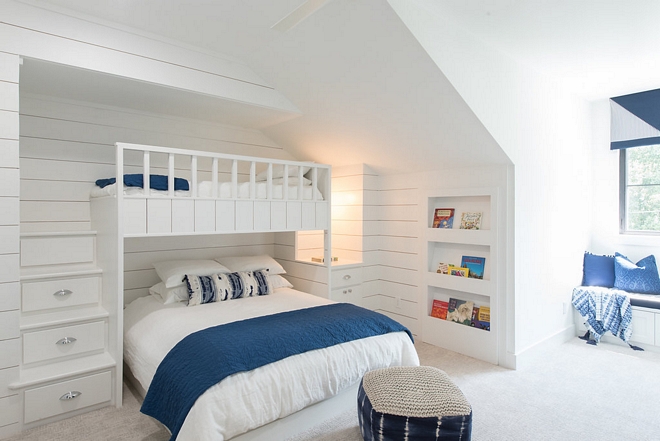 Bunk Room Custom Bunkbed I love the shiplap walls and the custom drawer staircase leading to the upper bunk bed #bunkroom #bunkbedstair #bunkbeds #custombunkroom