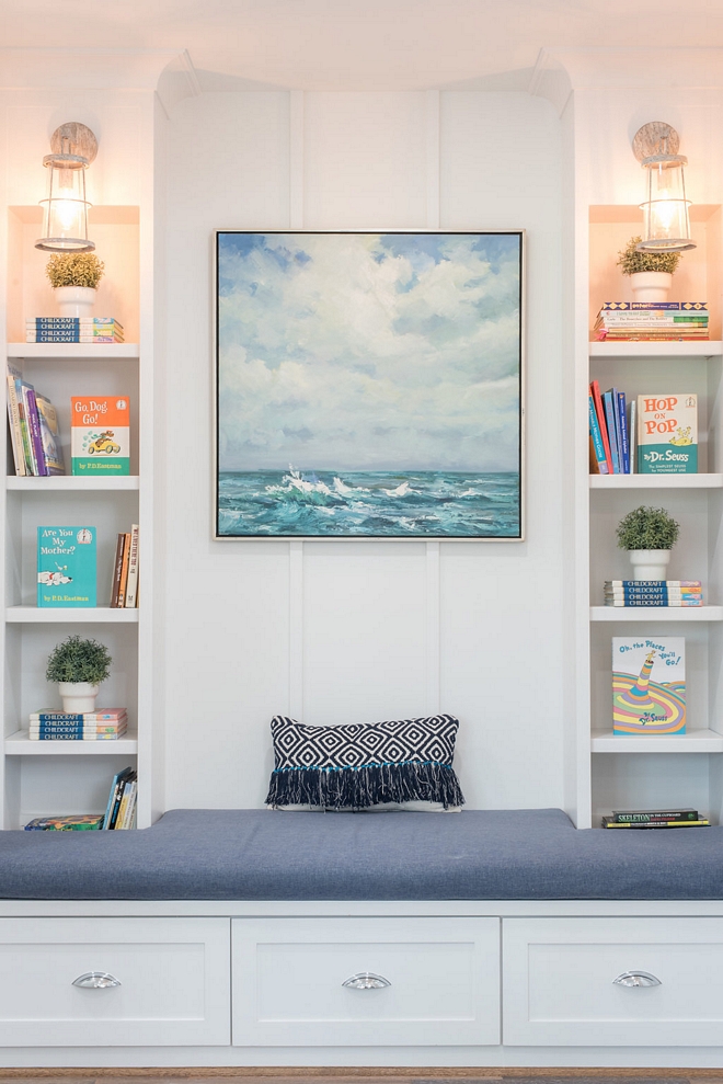 Board and Batten Reading Nook Board and Batten Reading Nook painted in Sherwin Williams Pure White Board and Batten Reading Nook #BoardandBatten #ReadingNook #Nook