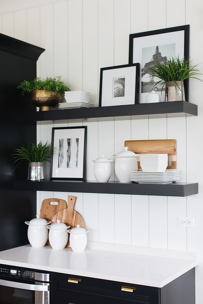 Floating Shelves Black Floating Shelves agains vertical shiplap backsplash Floating Shelves Kitchen Floating Shelves #FloatingShelves