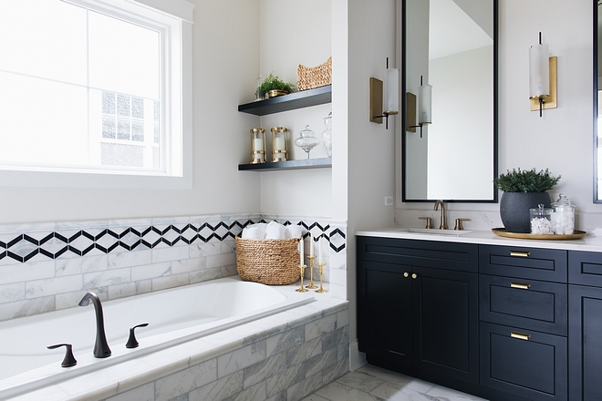 Bath Nook Bath Nook with white marble and marble and black granite accent tile Bath Nook Bath Nook Bath Nook #BathNook