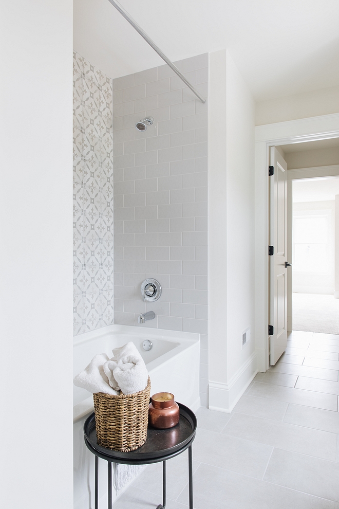 Classic Gray by Benjamin Moore Classic Gray by Benjamin Moore bathroom with soft grey tiles Classic Gray by Benjamin Moore #ClassicGraybyBenjaminMoore