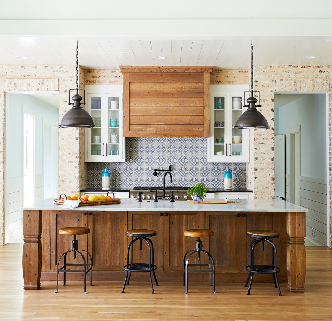 Rustic Kitchen Brick Backsplash Kitchen Brick Backsplash The kitchen island and hood are White Oak, finished with linseed oil and half gray glaze #rustickitchen #brick #backsplash #WhiteOakcabinet