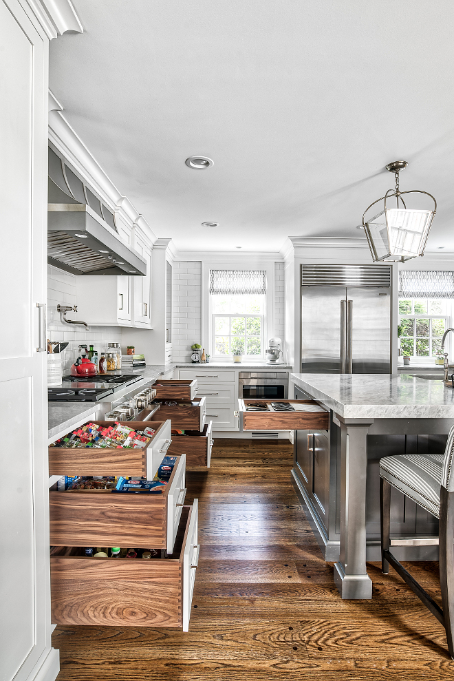 Kitchen Custom Drawers All interior shelving and drawer boxes are natural walnut Kitchen Custom Drawer ideas Walnut cabinetry Kitchen Custom Drawers #KitchenDrawers #kitchen #drawers #Walnut