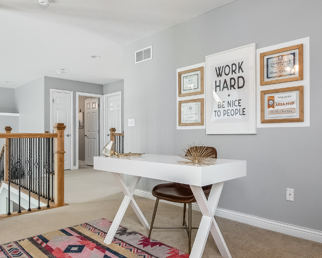 Sherwin Williams Light French Gray Landing area home office painted in a light grey color Sherwin Williams Light French Gray