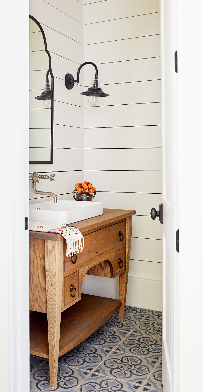 Reclaimed Wood vanity Modern Farmhouse Powder Room with Shiplap cement tile and custom Reclaimed Wood vanity #ReclaimedWoodvanity #bathroom #moderfarmhosue #farmhousebathroom #ReclaimedWood #vanity