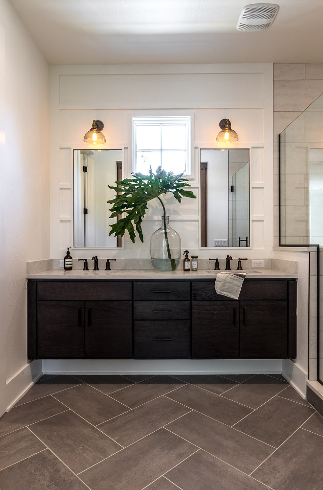 Vertical Board and Batten This bathroom features vertical board and batten wall paneling and herringbone floor tile Vertical Board and Batten Vertical Board and Batten #VerticalBoardandBatten #wallpaneling #BoardandBatten #herringbonetile