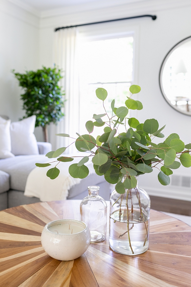 Coffee table decor A few branches of Silver Dollar Eucalyptus add a fresh feeling to the family room's coffee table #coffeetabledecor