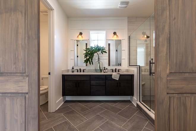 The master bathroom is divided into three parts water closet, vanity are and shower Great usage of space #masterbatrhoom