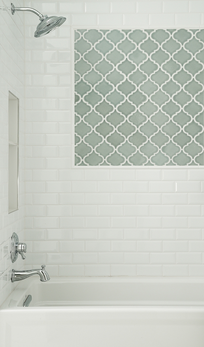 Shower Tile Bright White Ice Beveled Ceramic Wall Tile 3"x6" accent: Villa Heirloom Aqua Arabesque Porcelain Mosaic