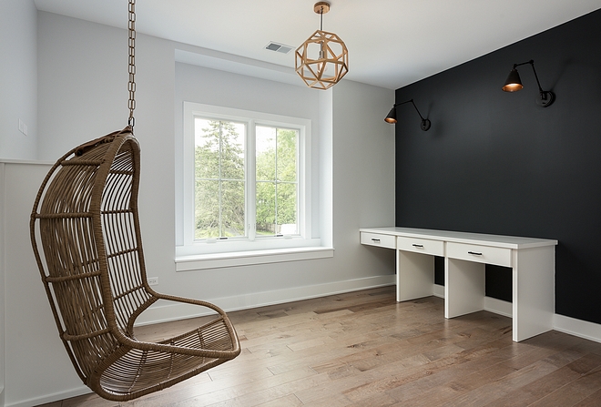 Upstairs loft with swing chair and built in desk for three #upstairslanding #swingchair #builtindesks