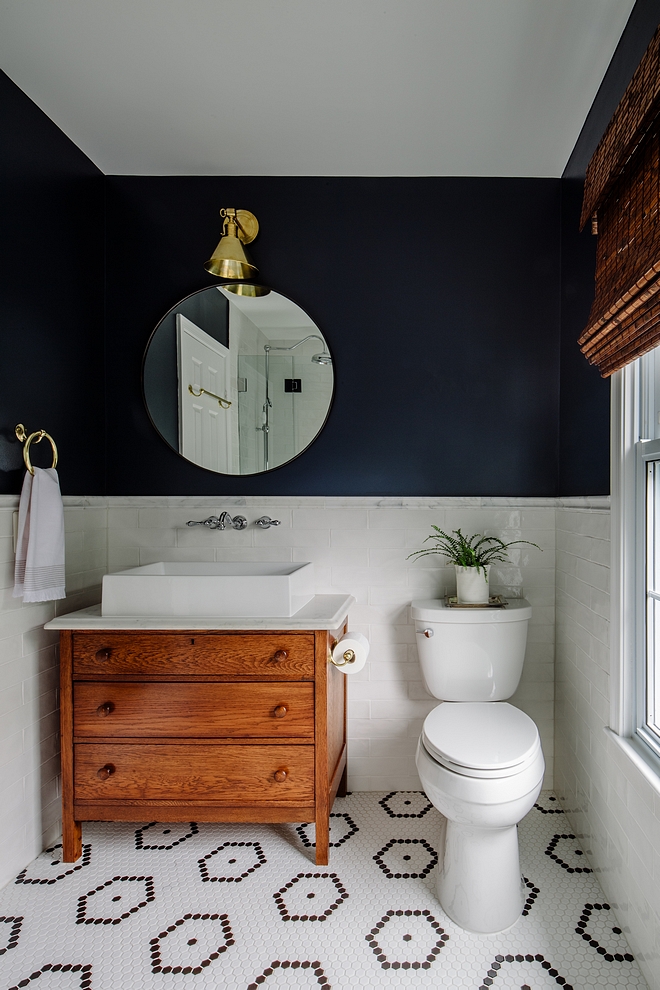 Gentleman’s Gray by Benjamin Moore Bathroom with subway tile wainscoting and Gentleman’s Gray by Benjamin Moore paint color Gentleman’s Gray by Benjamin Moore #GentlemansGraybyBenjaminMoore