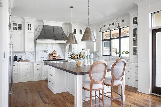 Kitchen butcher block top The island has a butcher block top, which is more durable than the marble and easily refinished #butcherblock