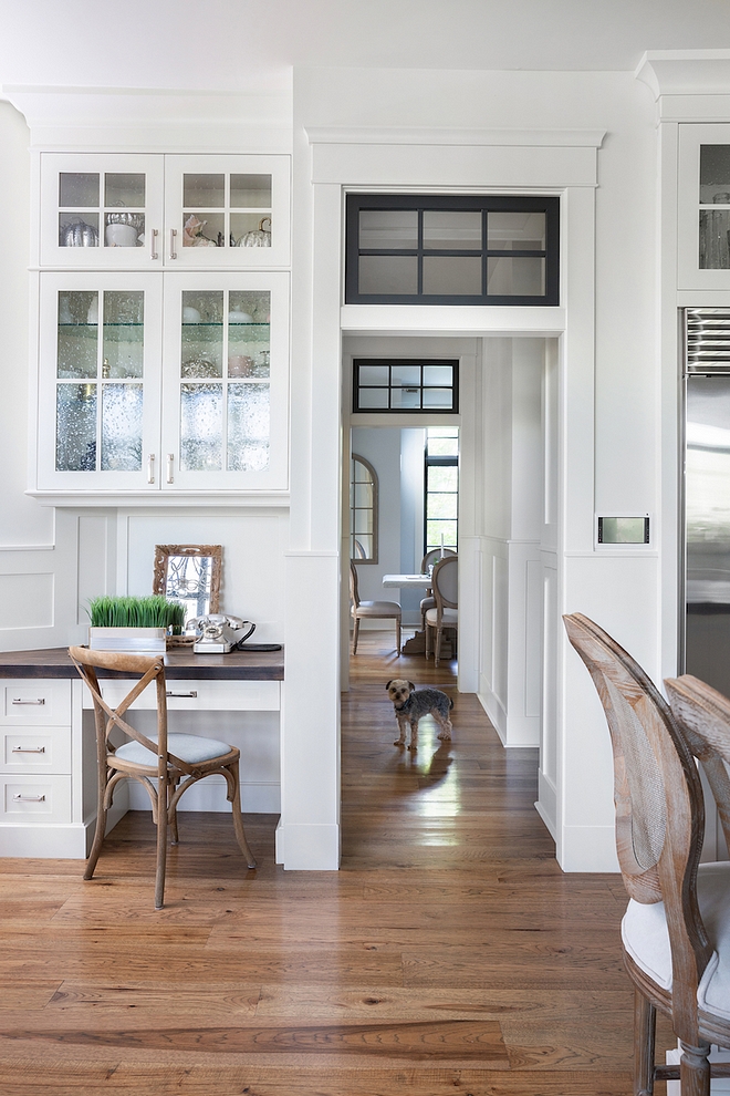 Kitchen desk with butlers block countertop and seeded cabinet glass doors #kitchendesk #desk #seededcabinetglassdoor