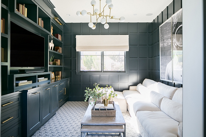 TV Room This is one of only two spaces where I put wall to wall carpet in the home. I wanted this space to be a small, dark cozy place for my kids to hang out with friends and watch movies or play video games #TVroom