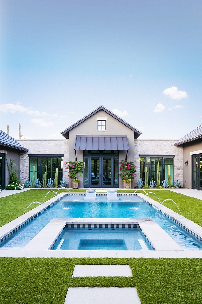 Pool Design A large portion of pool is taken up by shallow sun shelf where ledge loungers rest. We knew from our past residences that our pools were rarely used for actual swimming. Quick dips in to cool off followed by lounging in sun were always how are pasts pools have been used #pool #pooldesign