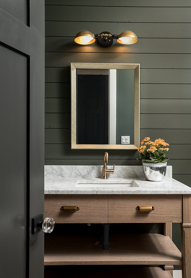 Powder room with shiplap walls Cabinetry is Red Oak and countertop is Carrara marble #shiplap #powderroom #RedOak #cabinetry