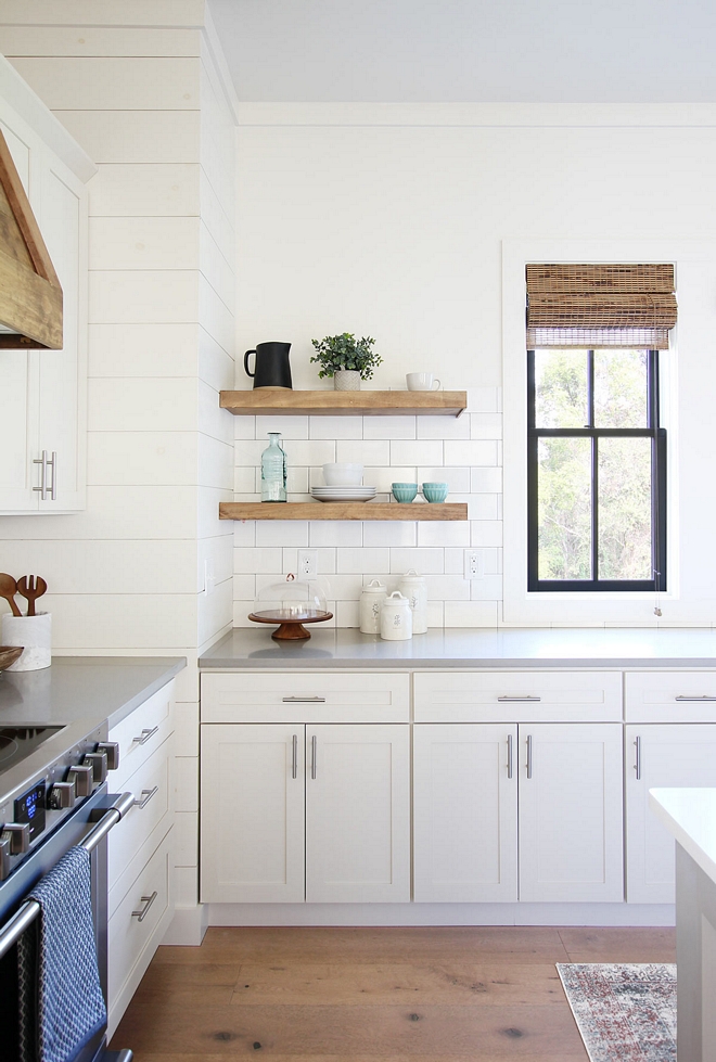 DIY floating kitchen shelves The floating kitchen shelves are made of clear pine wood with a combination of red oak and classic gray stain DIY floating kitchen shelves #DIYfloatingkitchenshelves #DIYfloatinghelves #DIYkitchenshelves