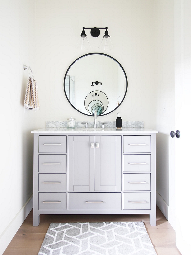 Grey vanity 48-inch vanity with Carrara Marble Top Not custom 48-inch vanity with Carrara Marble Top Bathroom vanity see source on Home Bunch 48-inch with Carrara Marble Top #48inchvanity #CarraraMarblevanity #bathroomvanity