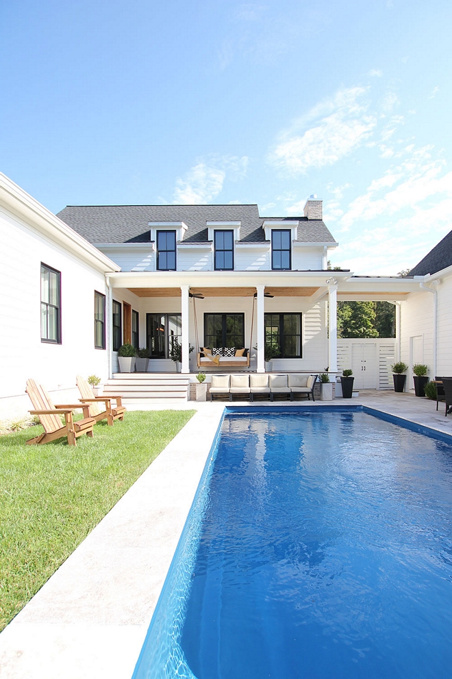 Modern Farmhouse Pool The pool area is tucked away between the garage and the house, which gives us lots of privacy. To add more “modern”, we decided on a simple rectangular shape. It’s surrounded by 2′ x 2′ travertine tiles #moderngfarmhousepool #modernfarmhouse #pool