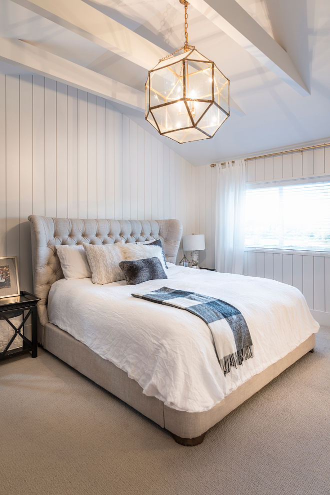 Bedroom Vertical Shiplap Vertical shiplap is complemented by custom beams painted in Benjamin Moore CC-30 Bedroom Vertical Shiplap #Bedroom #VerticalShiplap #bedroomshiplap #masterbedroom