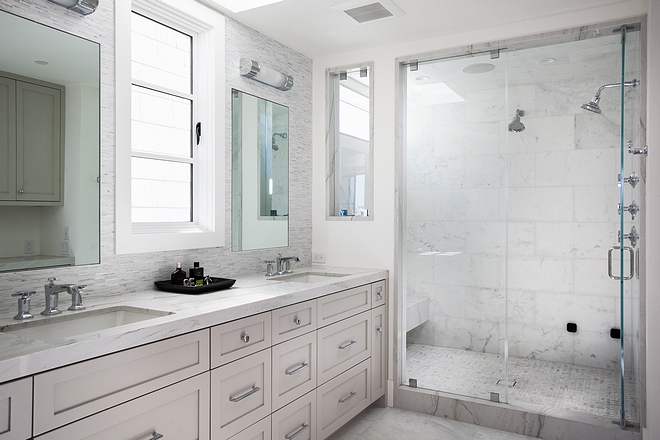 Bathroom Cabinetry Paint grade, shaker style Cabinet Paint color is Simply White by Benjamin Moore #SimplyWhiteBenjaminMoore