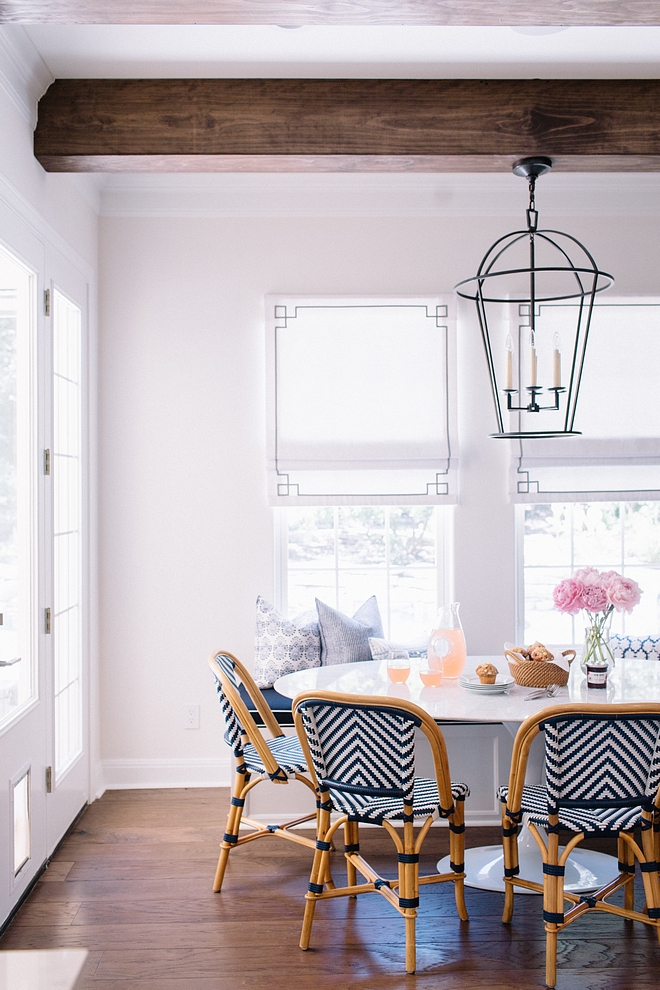 Breakfast Room Window Treatment Flat fold roman shade with Greek key tape trim White linen with gray tape #BreakfastRoom #WindowTreatment #romanshade