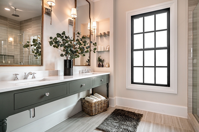 Armory by Pittsburgh Paints The master bathroom features custom cabinetry painted in Armory by Pittsburgh Paints Armory by Pittsburgh Paints #ArmorybyPittsburghPaints