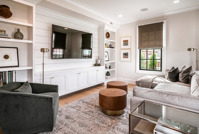 Small family room tv room with custom built-ins The space also features custom built-ins with shiplap tv room with custom built-ins #tvroom #familyroom #builtins #shiplap