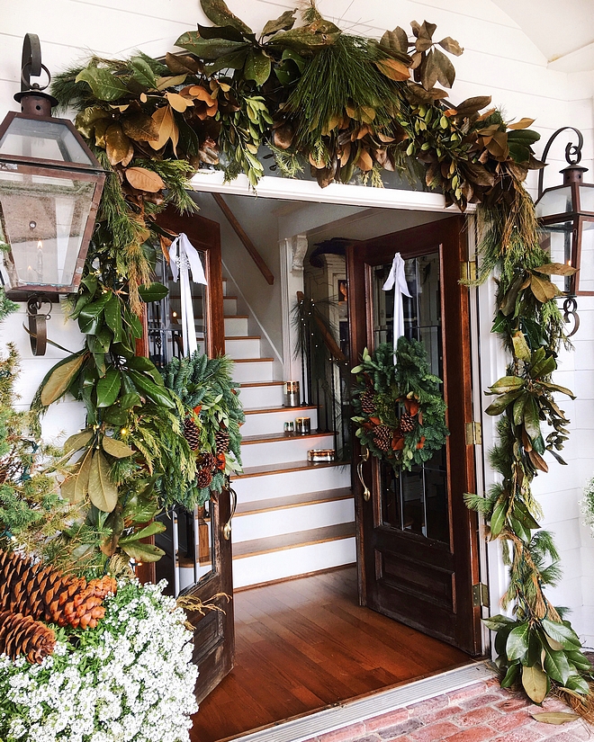 Front Door Christmas Decorating Ideas Front Door Christmas Decor Double fornt door with wreath and garland Front Door Christmas Decor Front Door Christmas Decor #FrontDoorChristmasDecor #FrontDoorChristmasDecoratingideas #FrontDoor ChristmasDecor #wreath #garland