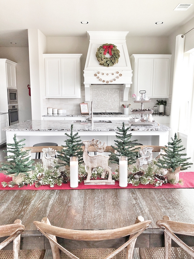 Christmas Dining Table Decor My dining table decor was very simple to create by just adding mini trees and a few wooden deer #ChristmasDiningTableDecor #ChristmasDiningTable