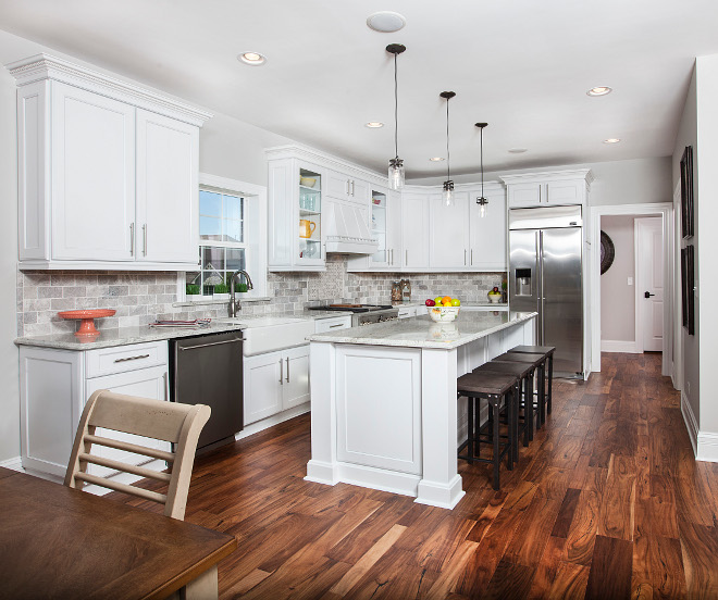 Kitchen Hardwood flooring and Sherwin Williams Pure White Cabinets #Kitchen #Hardwoodflooring #SherwinWilliamsPureWhite #Cabinet