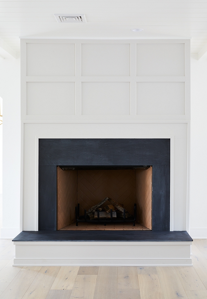 Grid Board and Batten Fireplace Paint Color Benjamin Moore Balboa Mist Fireplace Stone is Natural Slate #GridBoardandBatten #FireplacePaintColor #BenjaminMooreBalboaMist #Fireplace