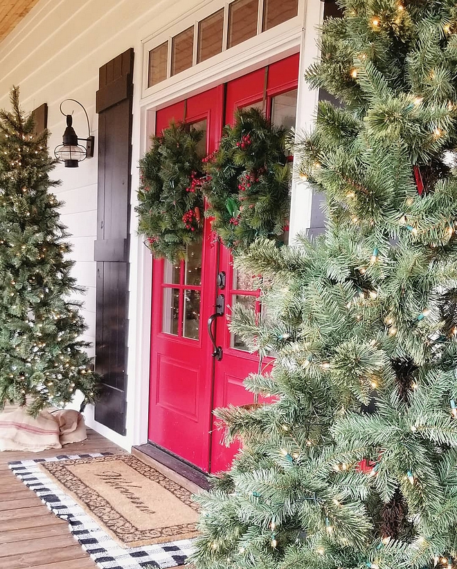 Sherwin Williams Pure Red SW 6868 The double front door is from Pella Windows, and came factory painted with Sherwin Williams Pure Red SW 6868 #SherwinWilliamsPureRed #SW6868 #frontdoor #frontdoorpaintcolor #reddoorpaintcolor